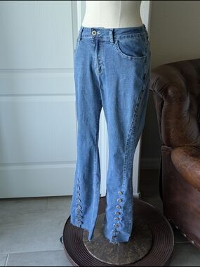 Ethyl Blue Button-Trim Flare Leg Jeans